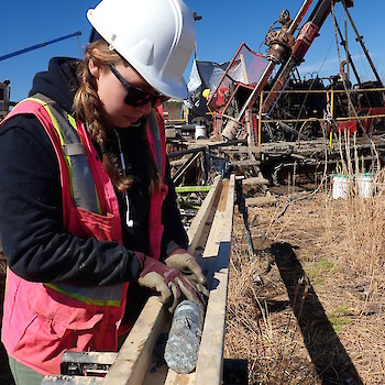 Aston Bay geologist Emily Blackburn working on oriented drill core from our ongoing diamond drill program at the Buckingham Gold Project in Virginia.